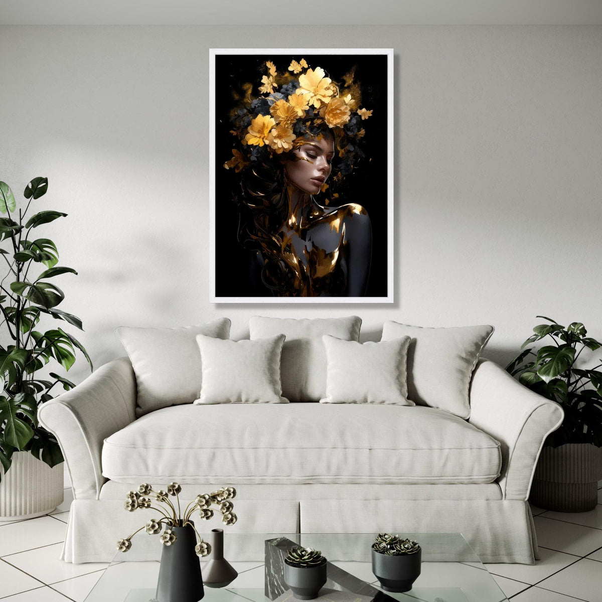 Elegant Woman Portrait Canvas, Gold Floral Crown Wall Art, Modern Female Figure Painting, Glamour Art Print, Gift Art, Home Decor, Print