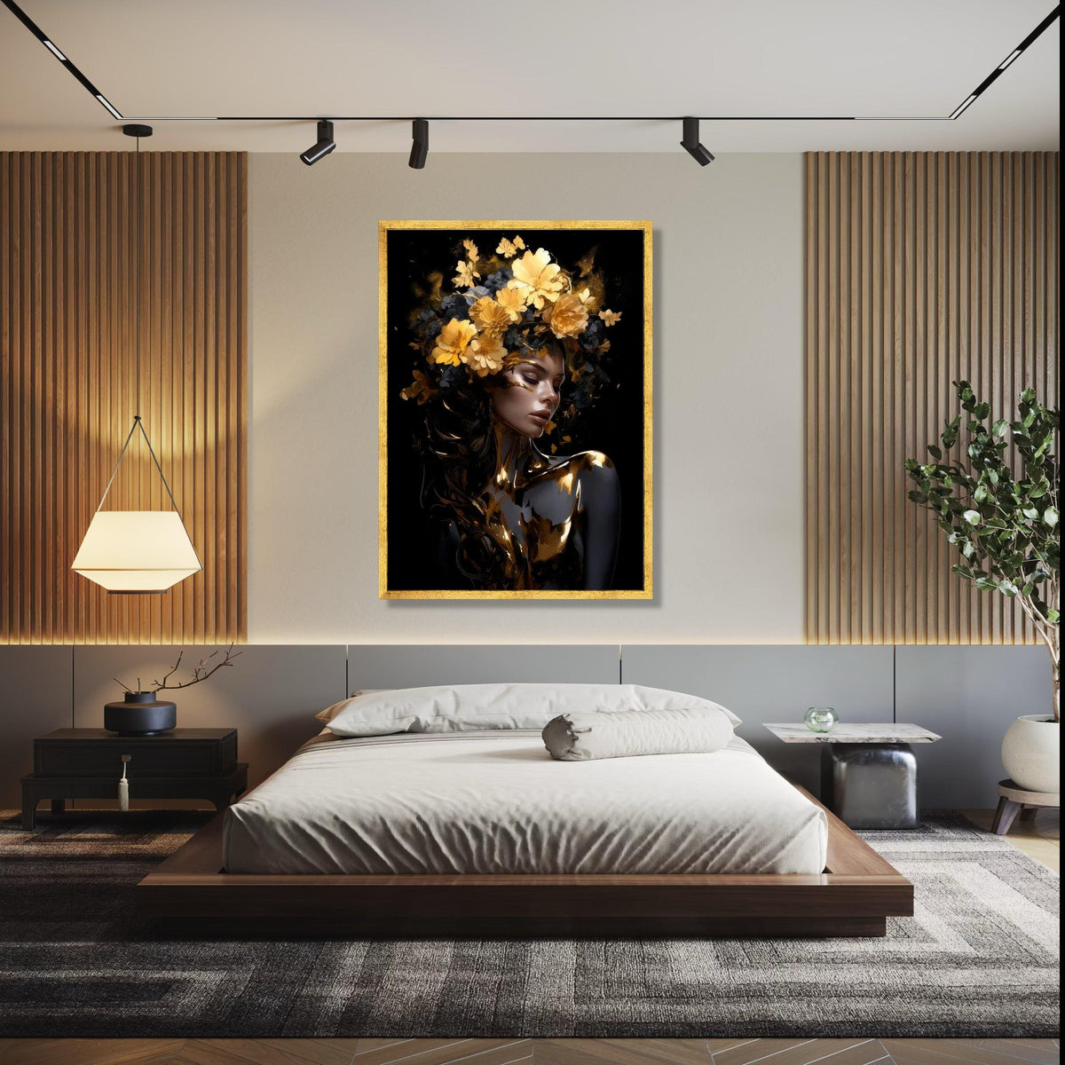 Elegant Woman Portrait Canvas, Gold Floral Crown Wall Art, Modern Female Figure Painting, Glamour Art Print, Gift Art, Home Decor, Print