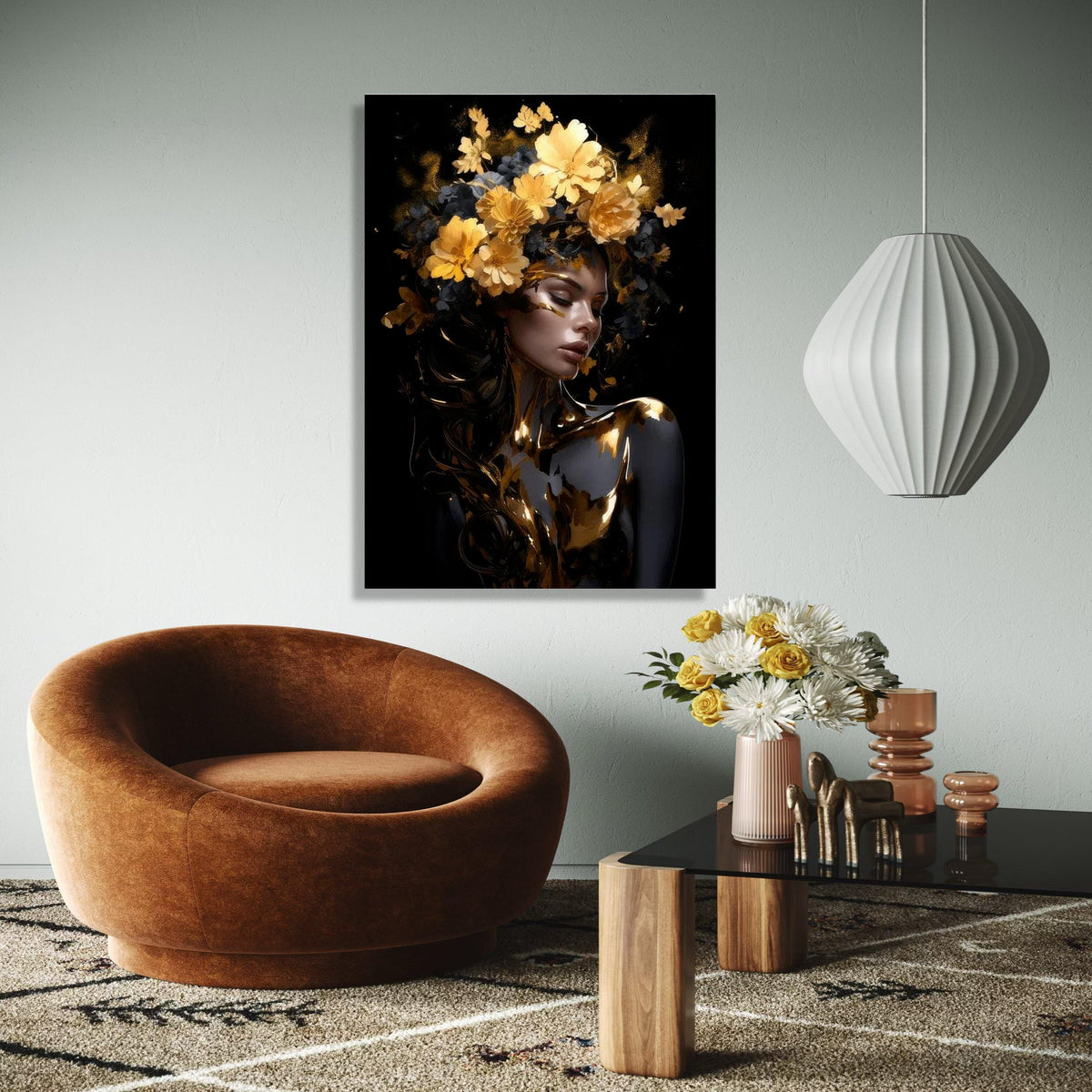 Elegant Woman Portrait Canvas, Gold Floral Crown Wall Art, Modern Female Figure Painting, Glamour Art Print, Gift Art, Home Decor, Print