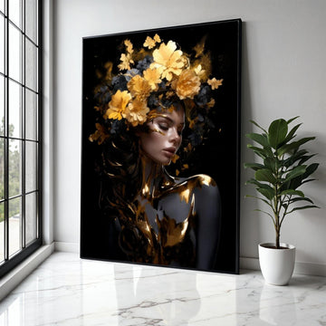 Elegant Woman Portrait Canvas, Gold Floral Crown Wall Art, Modern Female Figure Painting, Glamour Art Print, Gift Art, Home Decor, Print