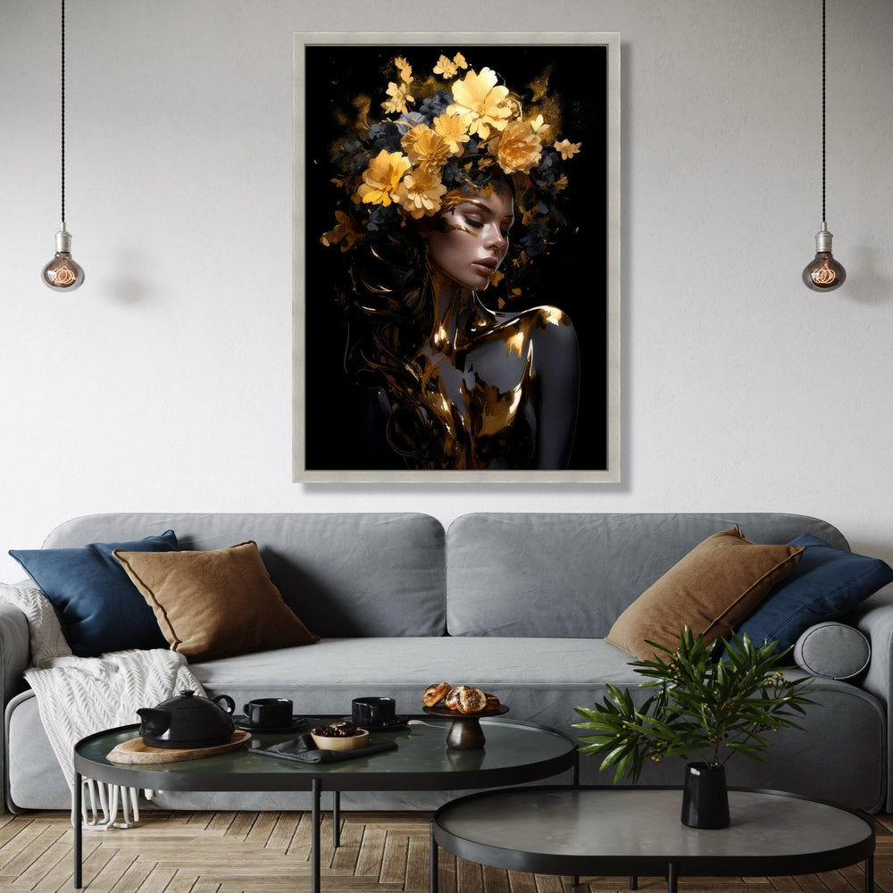 Elegant Woman Portrait Canvas, Gold Floral Crown Wall Art, Modern Female Figure Painting, Glamour Art Print, Gift Art, Home Decor, Print
