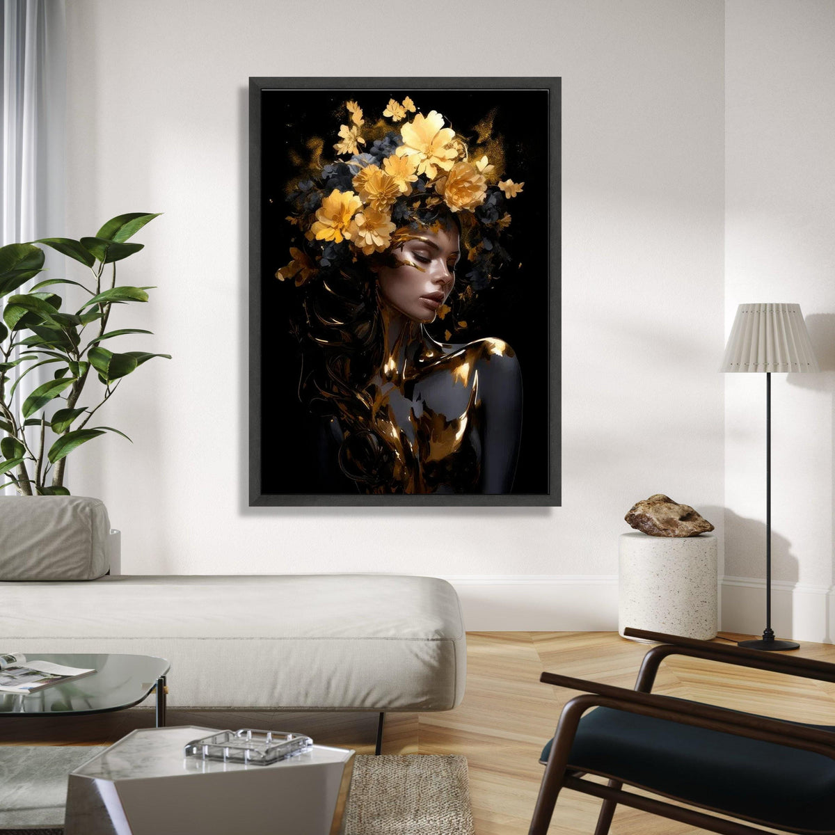 Elegant Woman Portrait Canvas, Gold Floral Crown Wall Art, Modern Female Figure Painting, Glamour Art Print, Gift Art, Home Decor, Print