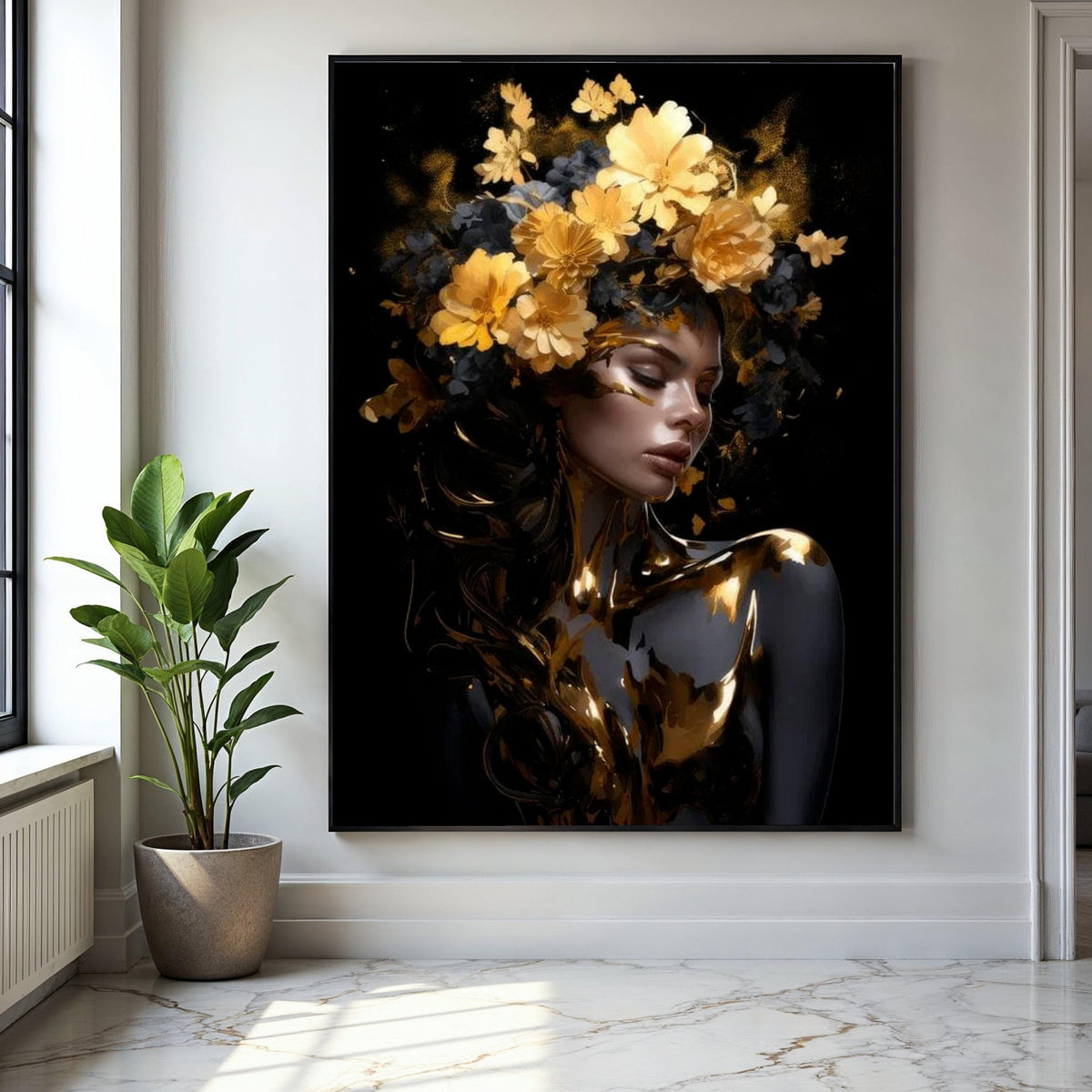 Elegant Woman Portrait Canvas, Gold Floral Crown Wall Art, Modern Female Figure Painting, Glamour Art Print, Gift Art, Home Decor, Print