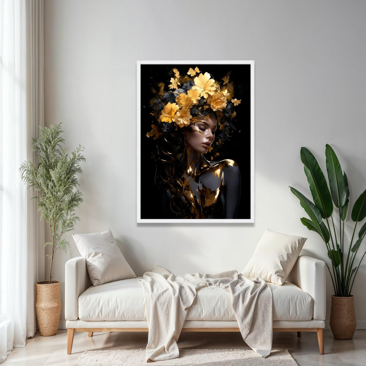 Elegant Woman Portrait Canvas, Gold Floral Crown Wall Art, Modern Female Figure Painting, Glamour Art Print, Gift Art, Home Decor, Print