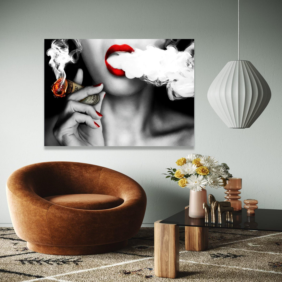 Bold Red Lips Smoking Money Cigarette Canvas, Black and White Glamour Wall Art, Contemporary Pop Art Print, Gift Art, Home Decor, Print