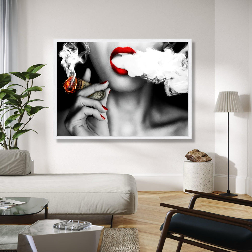 Bold Red Lips Smoking Money Cigarette Canvas, Black and White Glamour Wall Art, Contemporary Pop Art Print, Gift Art, Home Decor, Print