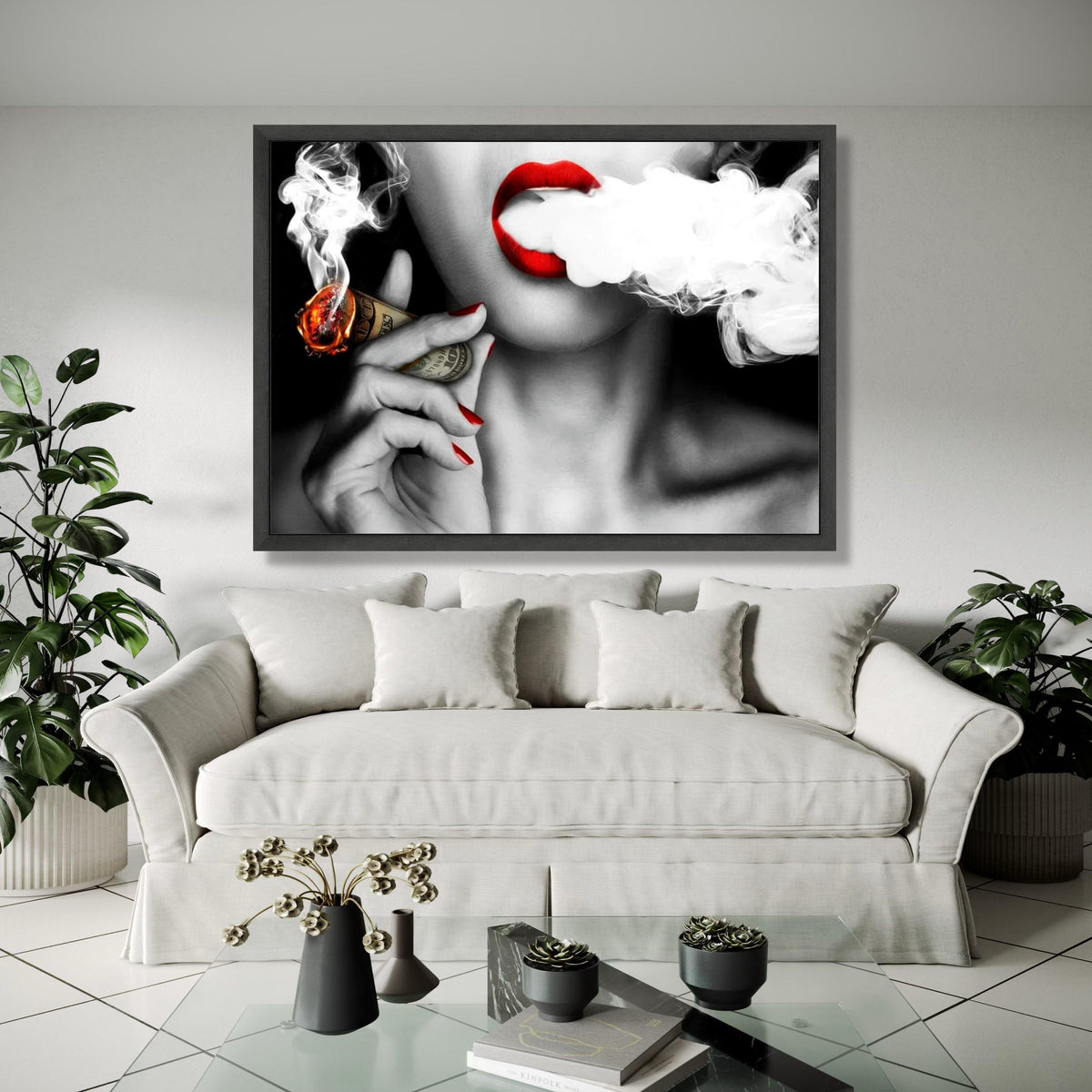 Bold Red Lips Smoking Money Cigarette Canvas, Black and White Glamour Wall Art, Contemporary Pop Art Print, Gift Art, Home Decor, Print