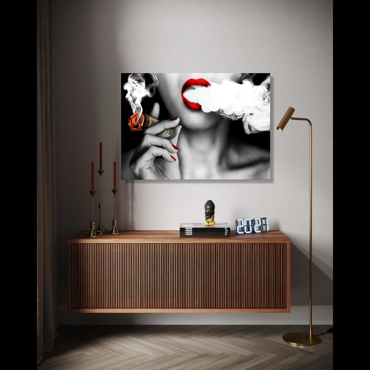 Bold Red Lips Smoking Money Cigarette Canvas, Black and White Glamour Wall Art, Contemporary Pop Art Print, Gift Art, Home Decor, Print