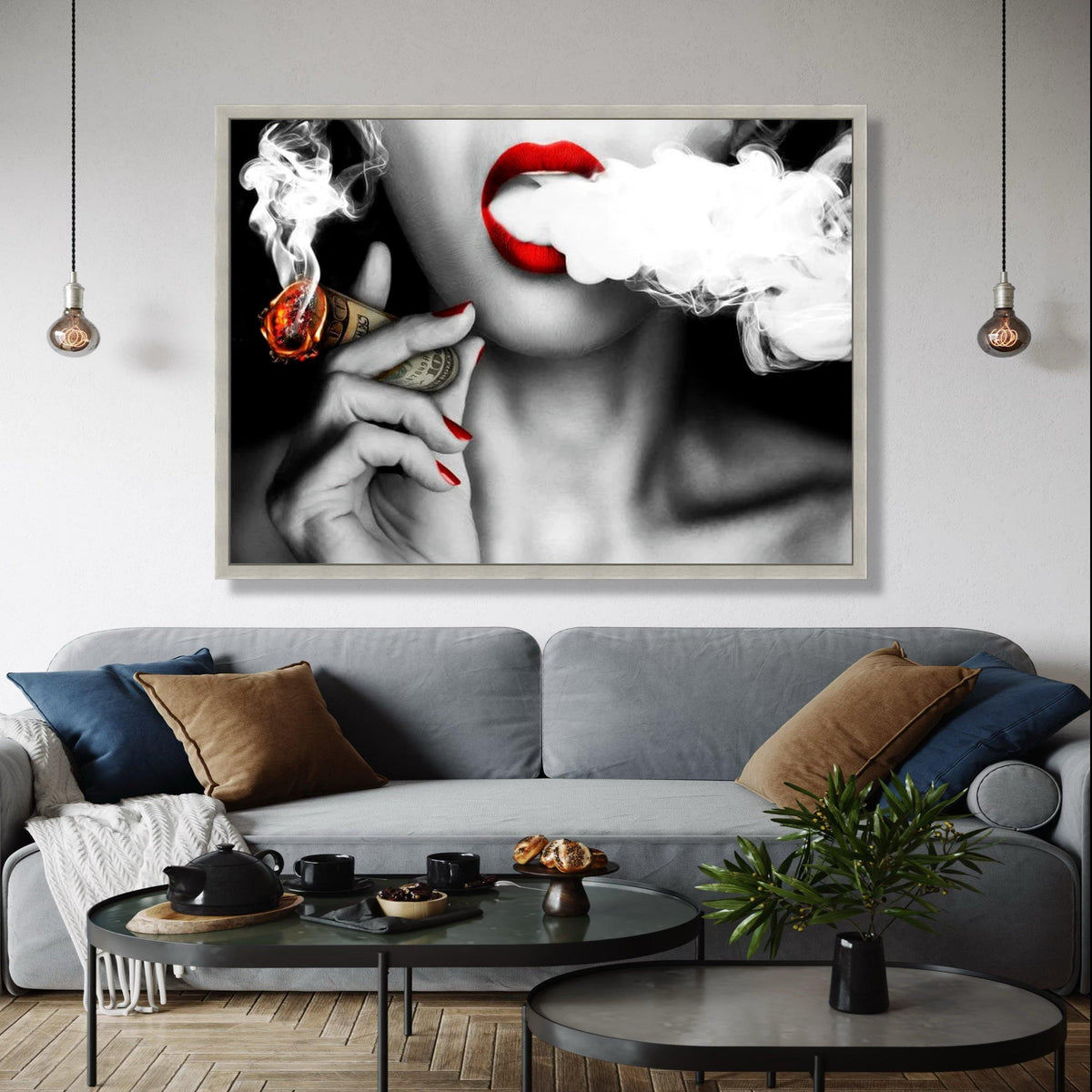 Bold Red Lips Smoking Money Cigarette Canvas, Black and White Glamour Wall Art, Contemporary Pop Art Print, Gift Art, Home Decor, Print