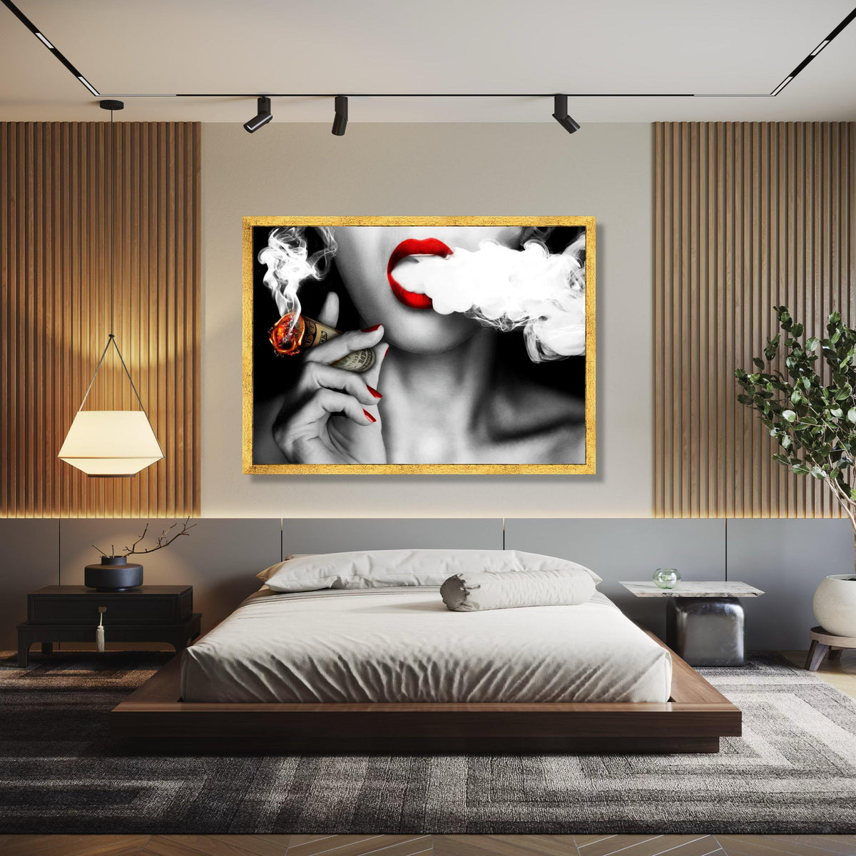 Bold Red Lips Smoking Money Cigarette Canvas, Black and White Glamour Wall Art, Contemporary Pop Art Print, Gift Art, Home Decor, Print