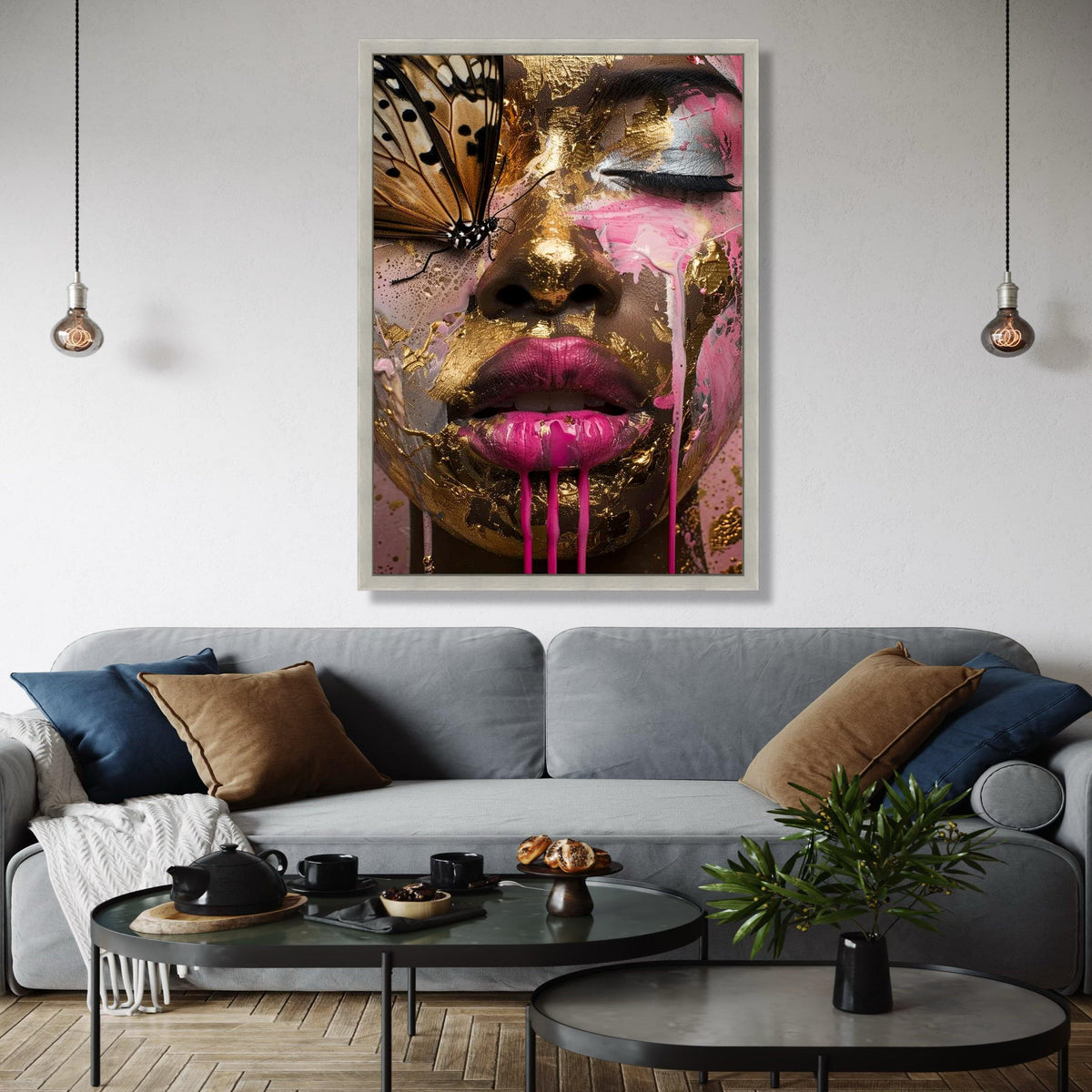 Abstract Woman Face with Gold Leaf and Pink Paint, Butterfly Close-Up Canvas, Modern Art Wall Decor, Surreal Gift Art, Home Decor, Print
