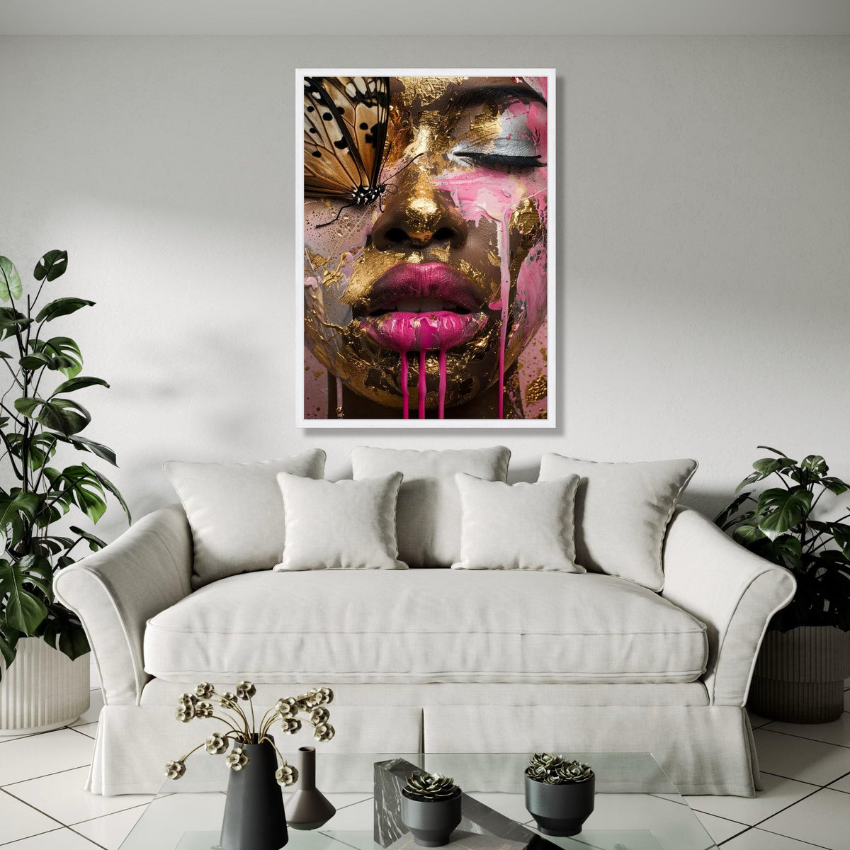 Abstract Woman Face with Gold Leaf and Pink Paint, Butterfly Close-Up Canvas, Modern Art Wall Decor, Surreal Gift Art, Home Decor, Print