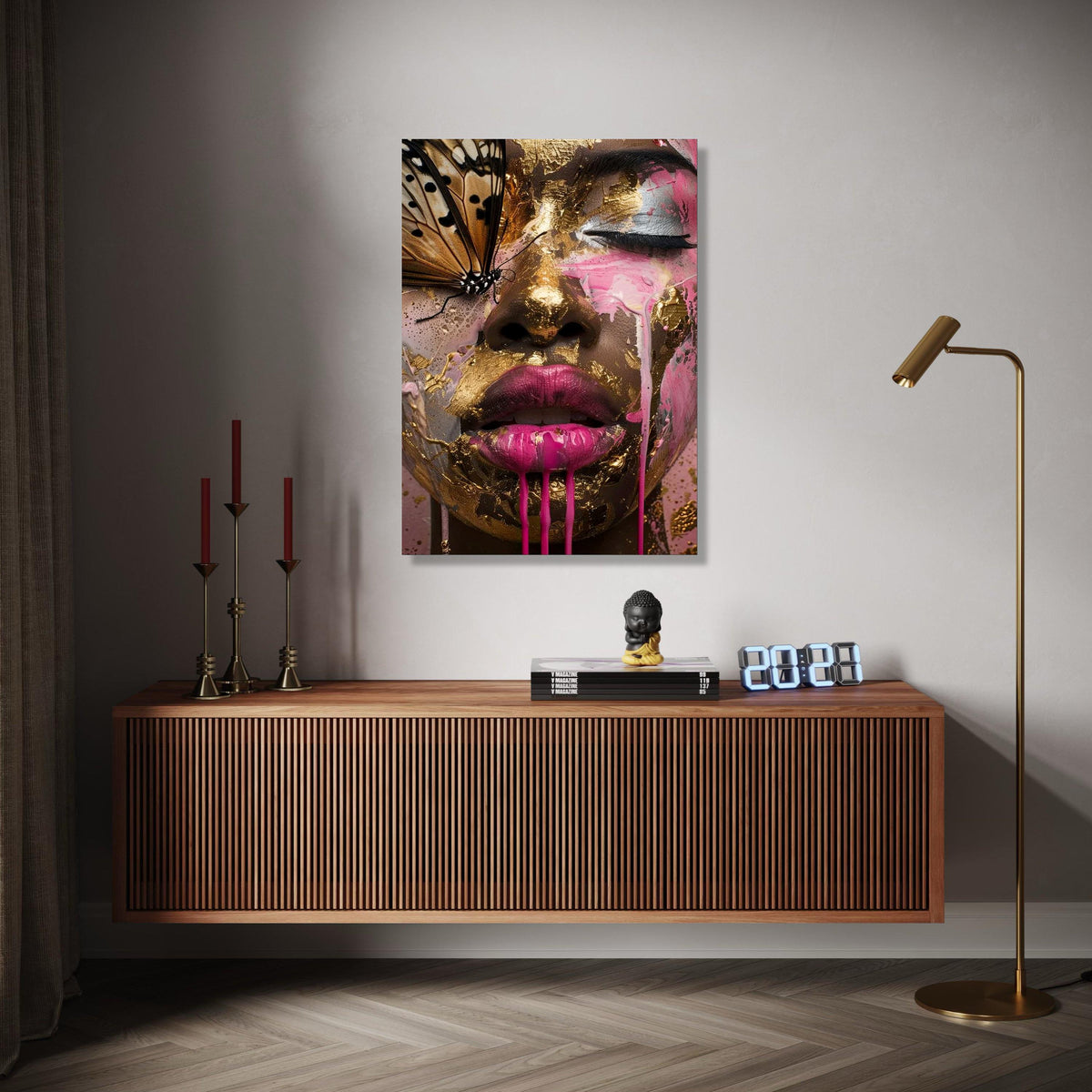 Abstract Woman Face with Gold Leaf and Pink Paint, Butterfly Close-Up Canvas, Modern Art Wall Decor, Surreal Gift Art, Home Decor, Print