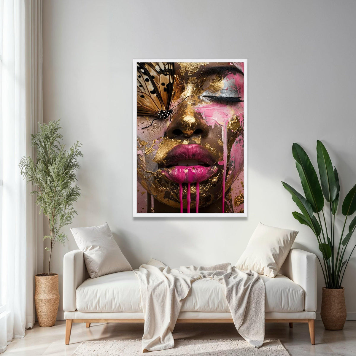 Abstract Woman Face with Gold Leaf and Pink Paint, Butterfly Close-Up Canvas, Modern Art Wall Decor, Surreal Gift Art, Home Decor, Print