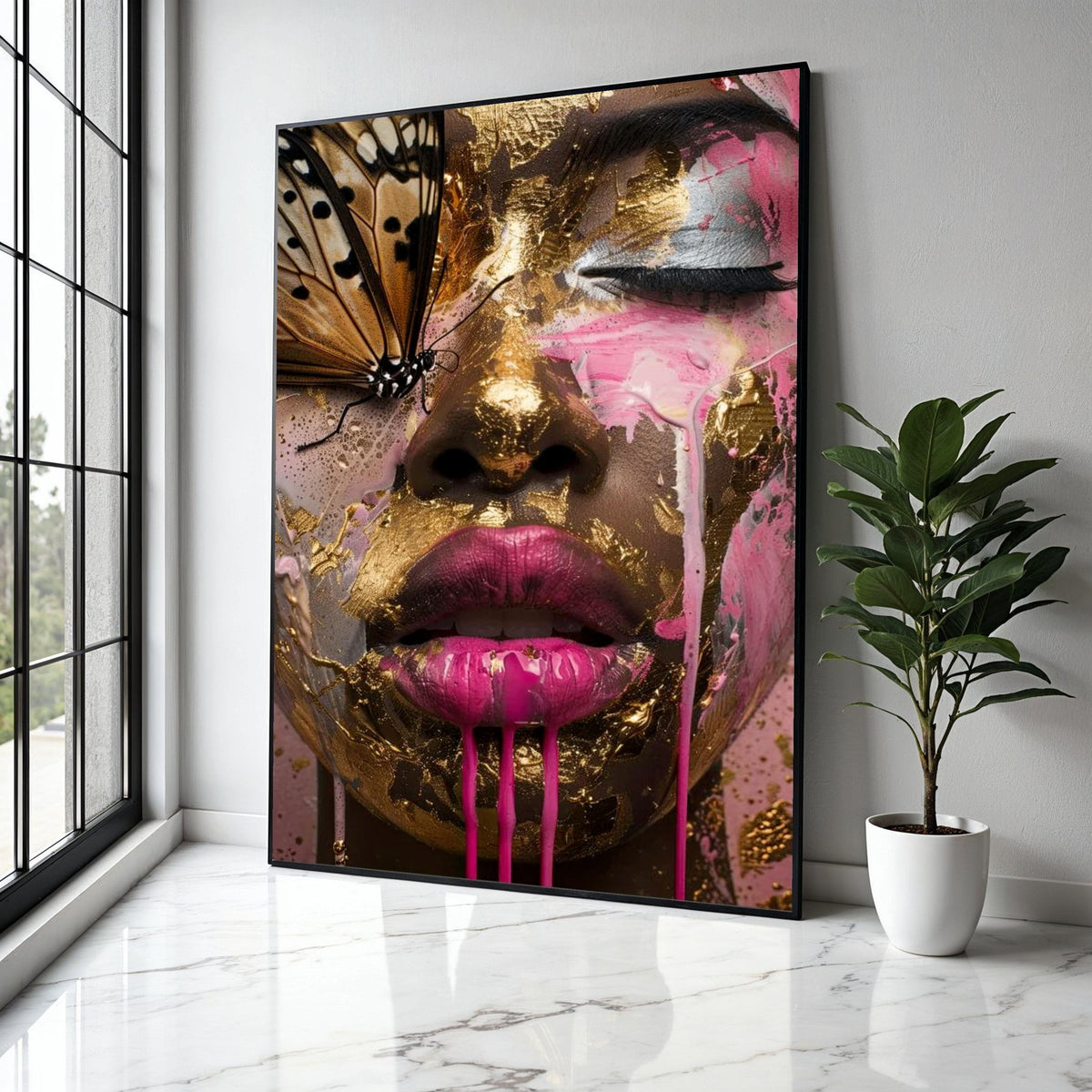 Abstract Woman Face with Gold Leaf and Pink Paint, Butterfly Close-Up Canvas, Modern Art Wall Decor, Surreal Gift Art, Home Decor, Print