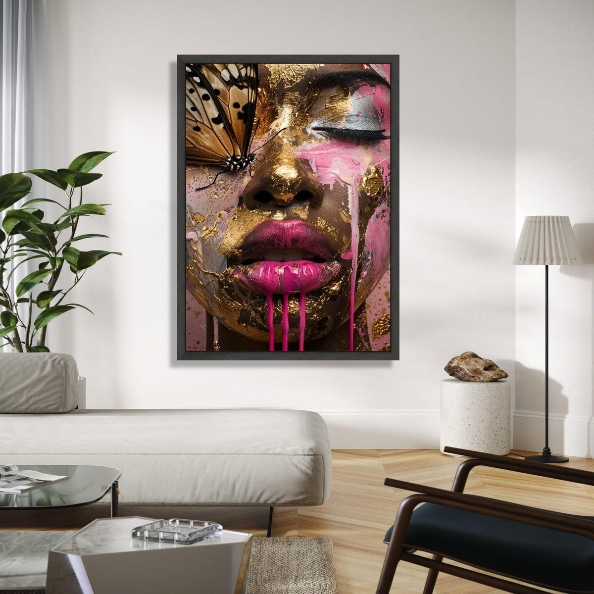 Abstract Woman Face with Gold Leaf and Pink Paint, Butterfly Close-Up Canvas, Modern Art Wall Decor, Surreal Gift Art, Home Decor, Print