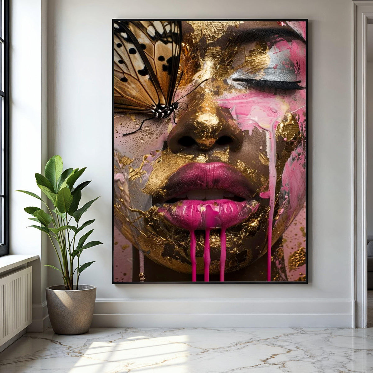 Abstract Woman Face with Gold Leaf and Pink Paint, Butterfly Close-Up Canvas, Modern Art Wall Decor, Surreal Gift Art, Home Decor, Print