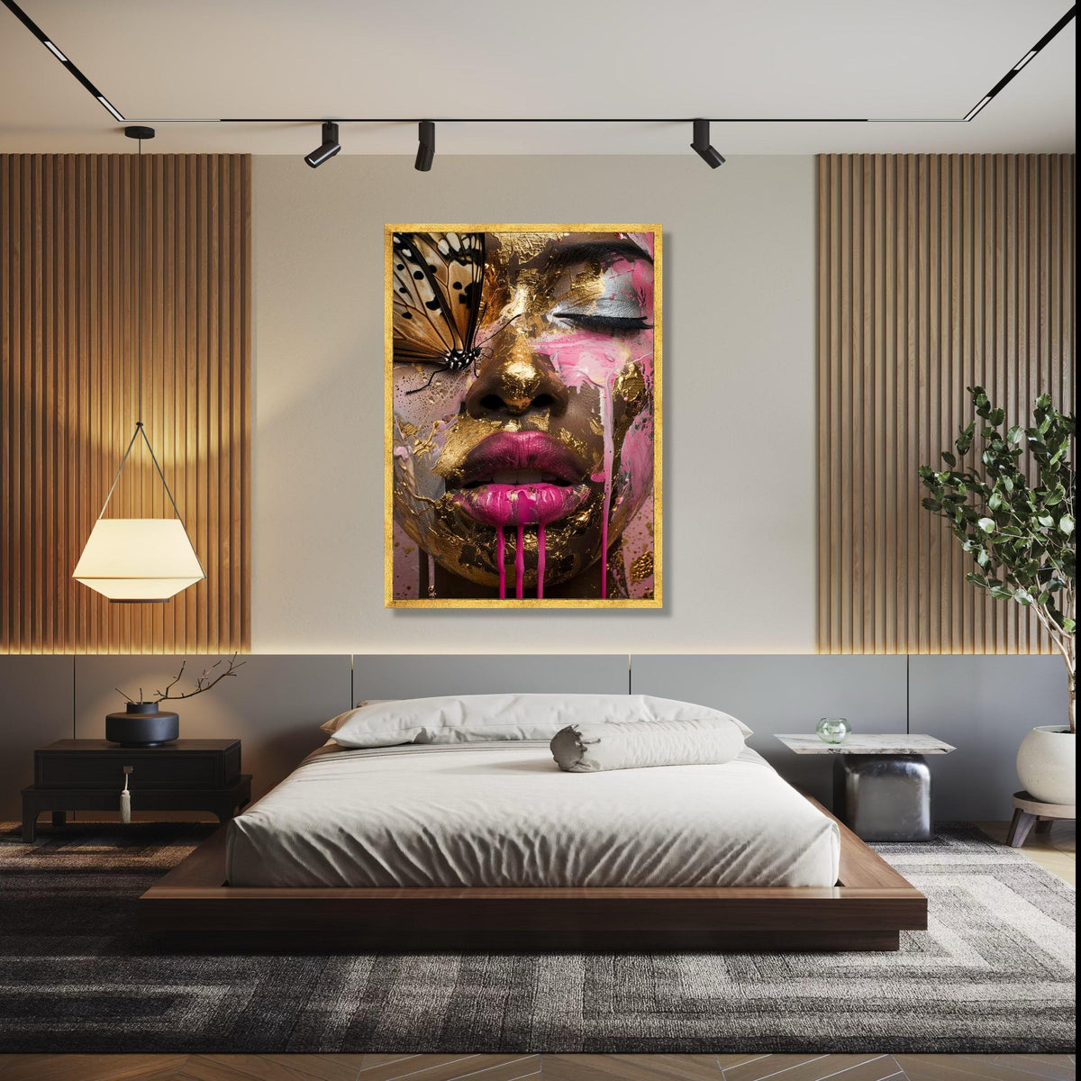 Abstract Woman Face with Gold Leaf and Pink Paint, Butterfly Close-Up Canvas, Modern Art Wall Decor, Surreal Gift Art, Home Decor, Print