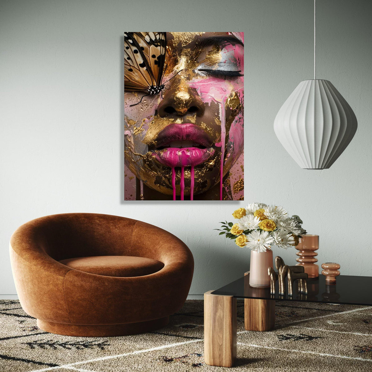 Abstract Woman Face with Gold Leaf and Pink Paint, Butterfly Close-Up Canvas, Modern Art Wall Decor, Surreal Gift Art, Home Decor, Print