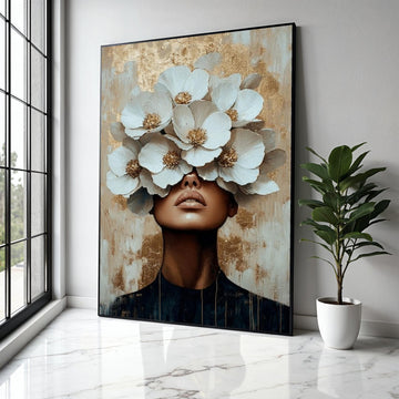 Modern Floral Portrait Canvas, Woman with White Flowers Wall Art, Contemporary Abstract Canvas, Gold Accent Home Gift Art, Home Decor, Print