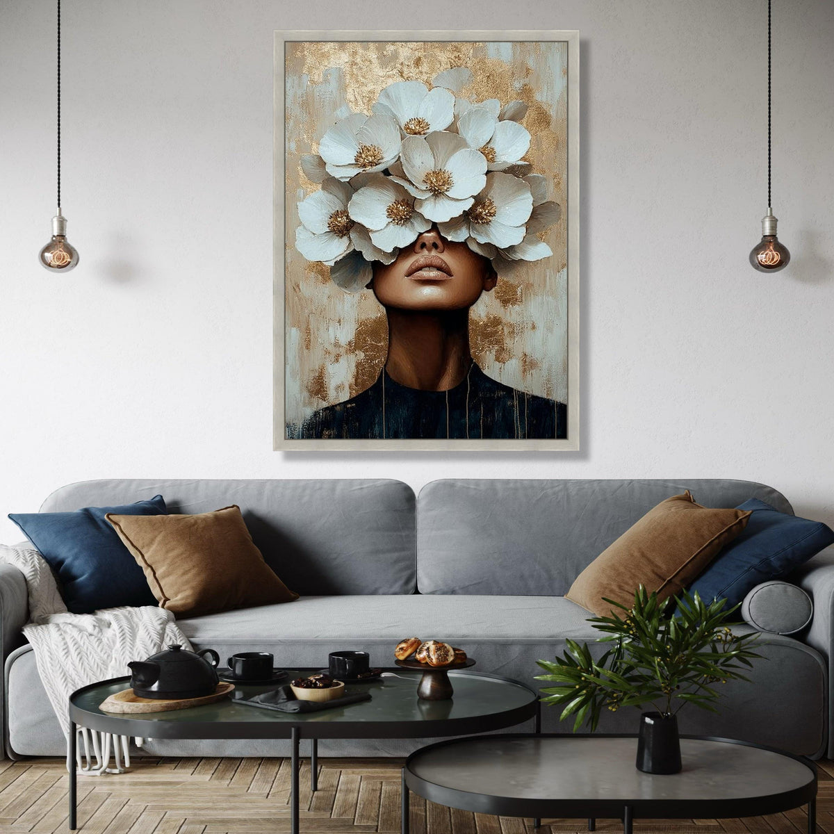 Modern Floral Portrait Canvas, Woman with White Flowers Wall Art, Contemporary Abstract Canvas, Gold Accent Home Gift Art, Home Decor, Print
