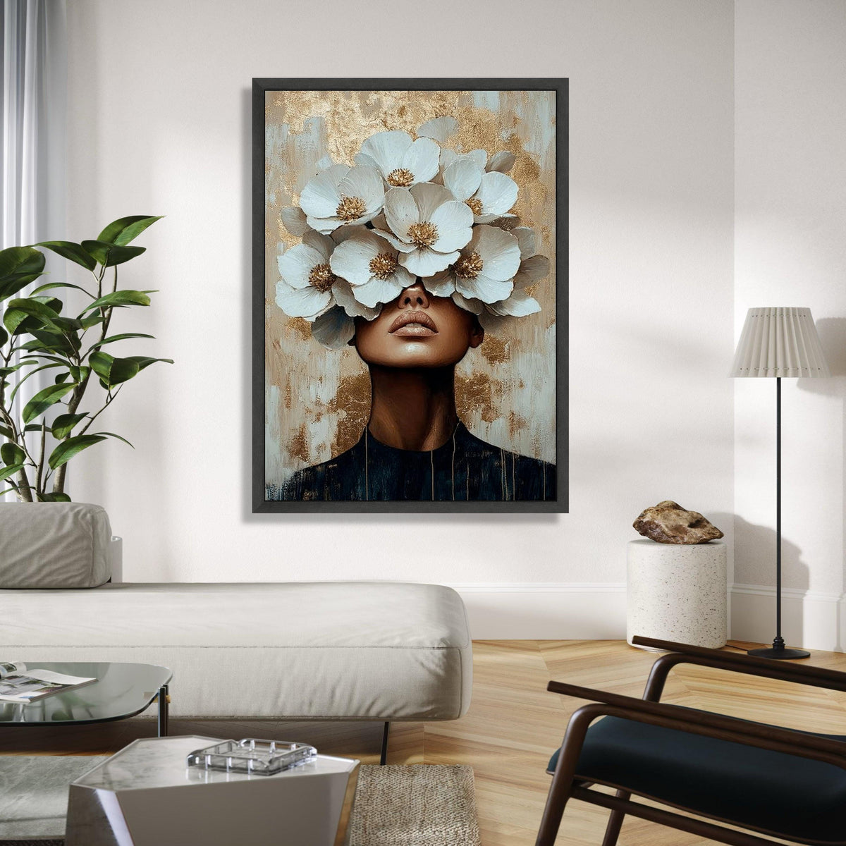 Modern Floral Portrait Canvas, Woman with White Flowers Wall Art, Contemporary Abstract Canvas, Gold Accent Home Gift Art, Home Decor, Print