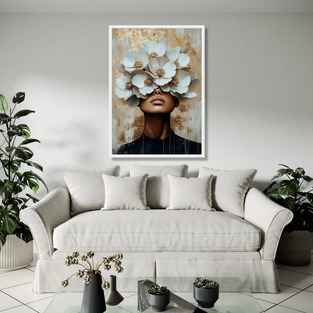 Modern Floral Portrait Canvas, Woman with White Flowers Wall Art, Contemporary Abstract Canvas, Gold Accent Home Gift Art, Home Decor, Print