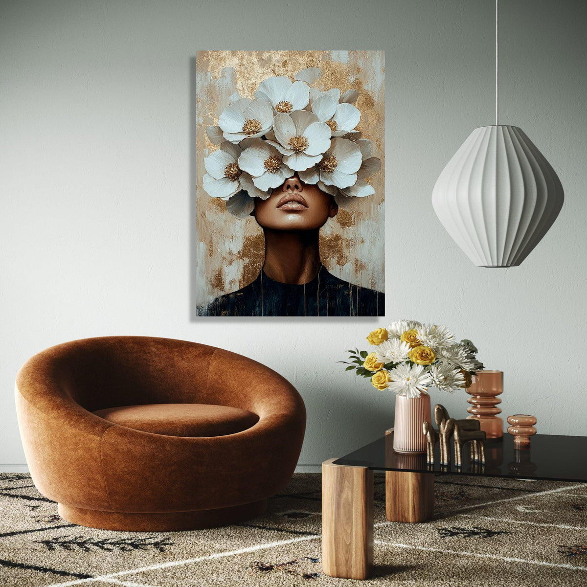 Modern Floral Portrait Canvas, Woman with White Flowers Wall Art, Contemporary Abstract Canvas, Gold Accent Home Gift Art, Home Decor, Print
