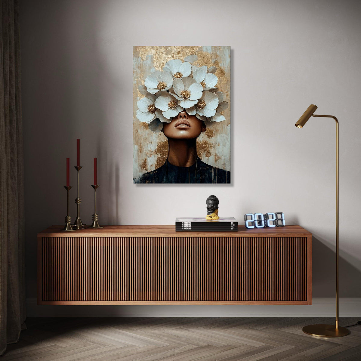 Modern Floral Portrait Canvas, Woman with White Flowers Wall Art, Contemporary Abstract Canvas, Gold Accent Home Gift Art, Home Decor, Print