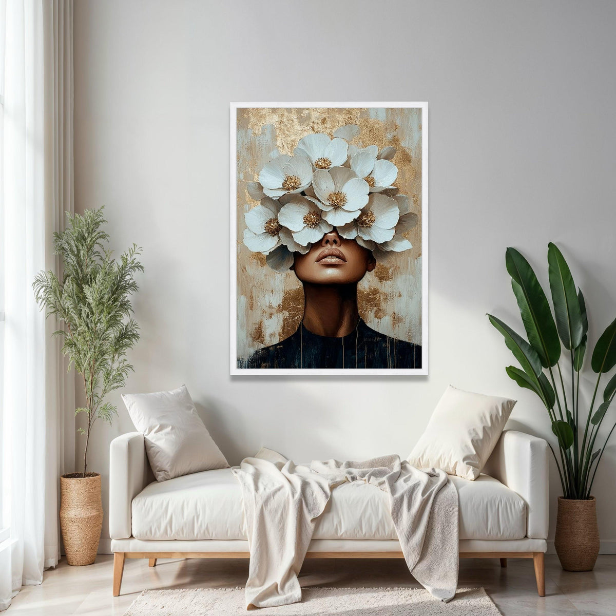 Modern Floral Portrait Canvas, Woman with White Flowers Wall Art, Contemporary Abstract Canvas, Gold Accent Home Gift Art, Home Decor, Print