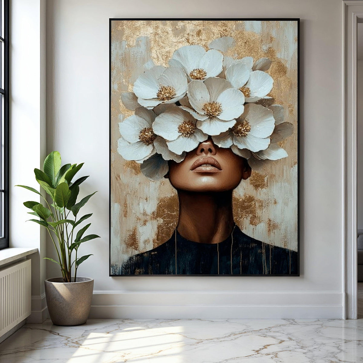 Modern Floral Portrait Canvas, Woman with White Flowers Wall Art, Contemporary Abstract Canvas, Gold Accent Home Gift Art, Home Decor, Print