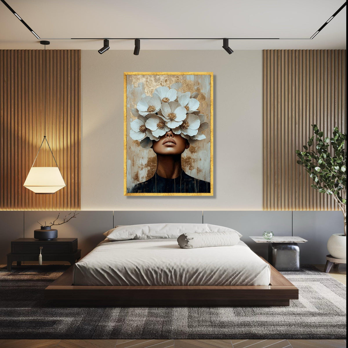 Modern Floral Portrait Canvas, Woman with White Flowers Wall Art, Contemporary Abstract Canvas, Gold Accent Home Gift Art, Home Decor, Print