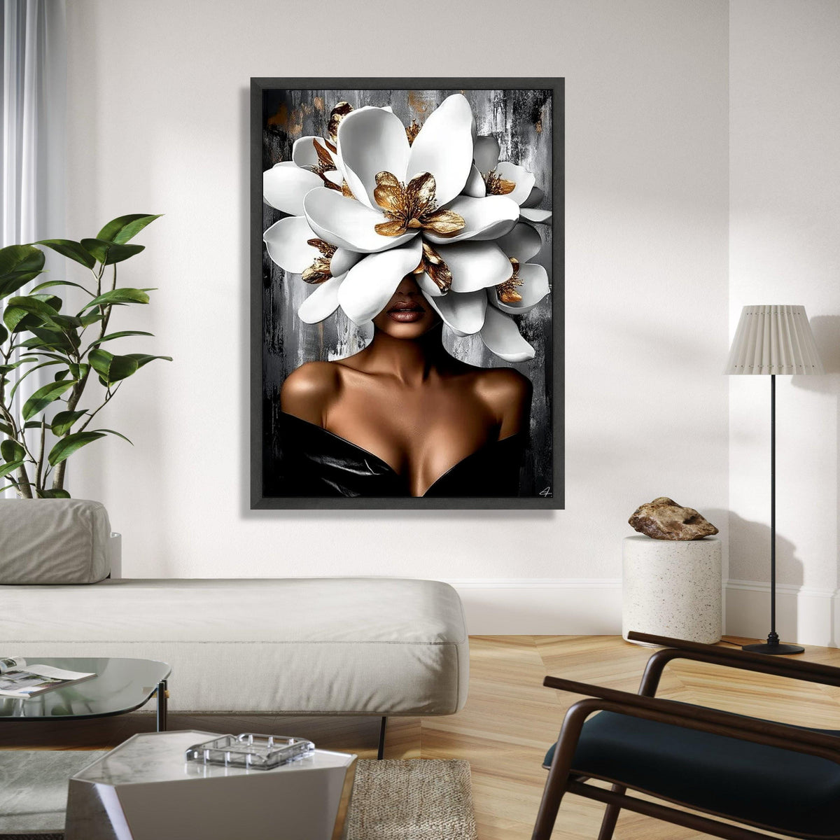 Elegant Woman with Giant White and Gold Flowers Canvas, Modern Floral Portrait Wall Art, Glamour Home Decor, Gift Art, Home Decor, Print
