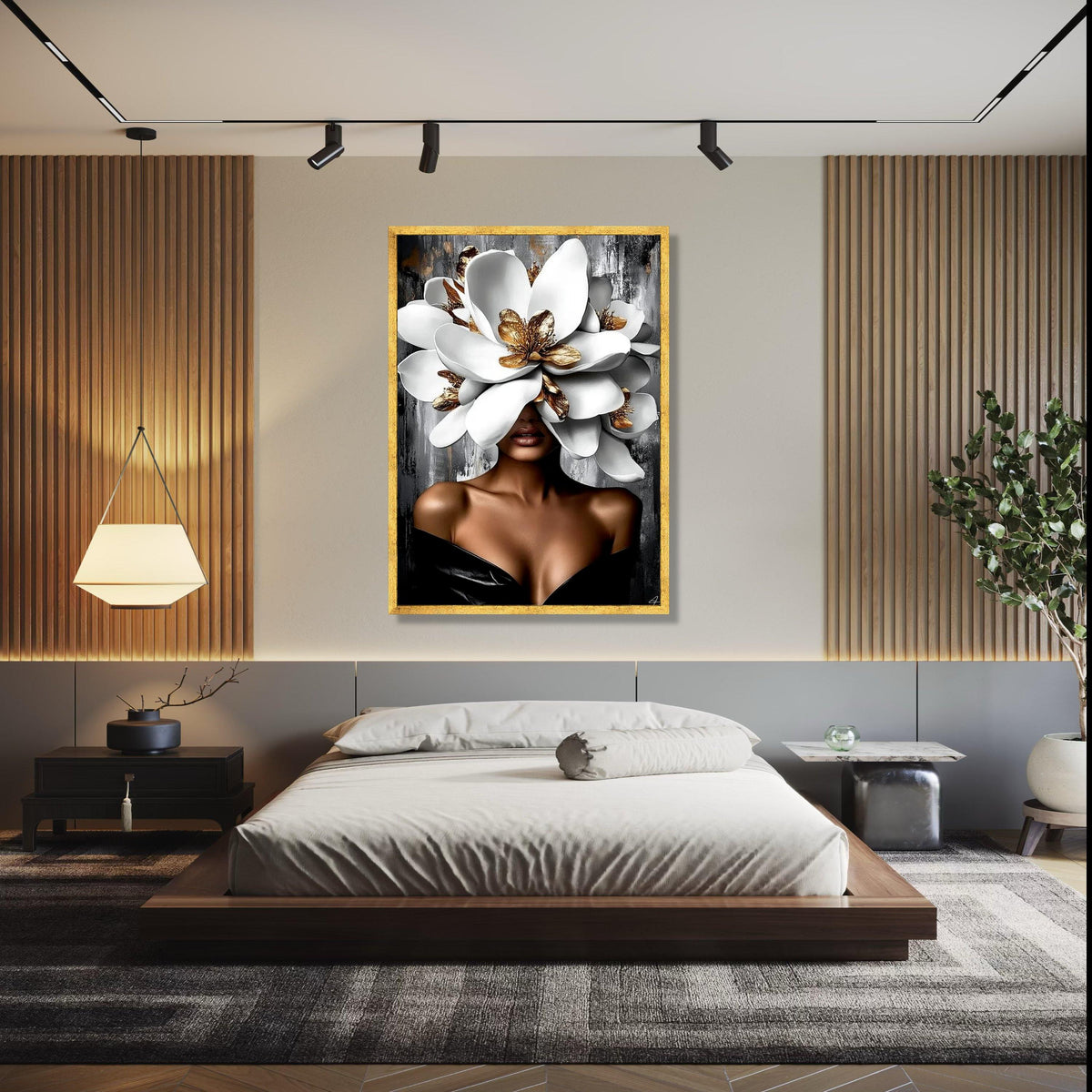 Elegant Woman with Giant White and Gold Flowers Canvas, Modern Floral Portrait Wall Art, Glamour Home Decor, Gift Art, Home Decor, Print