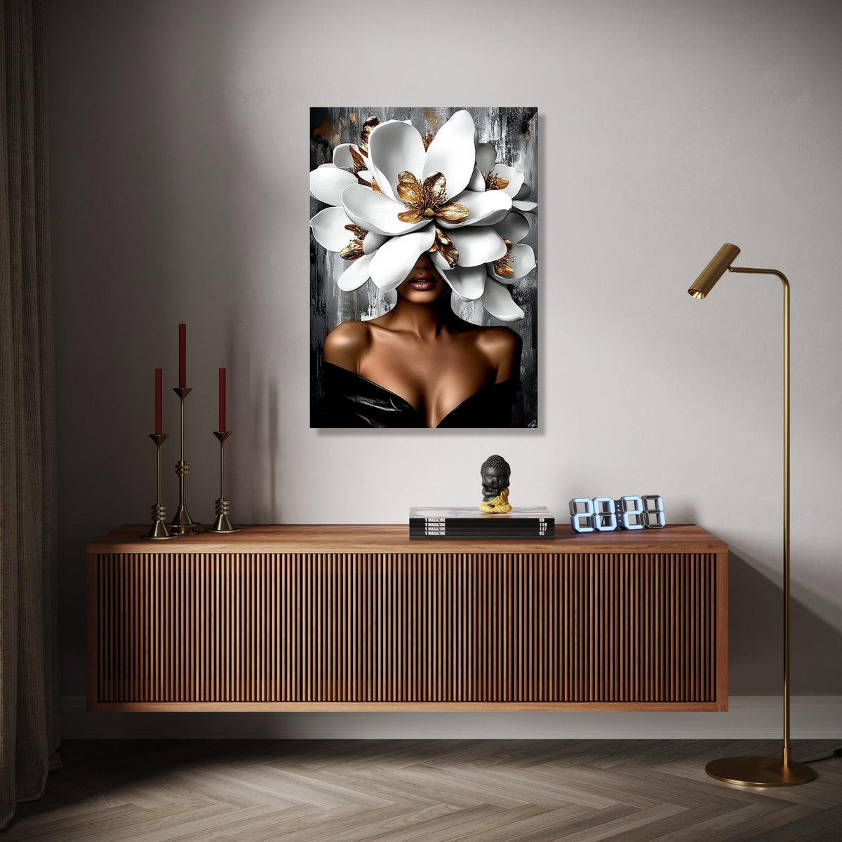 Elegant Woman with Giant White and Gold Flowers Canvas, Modern Floral Portrait Wall Art, Glamour Home Decor, Gift Art, Home Decor, Print