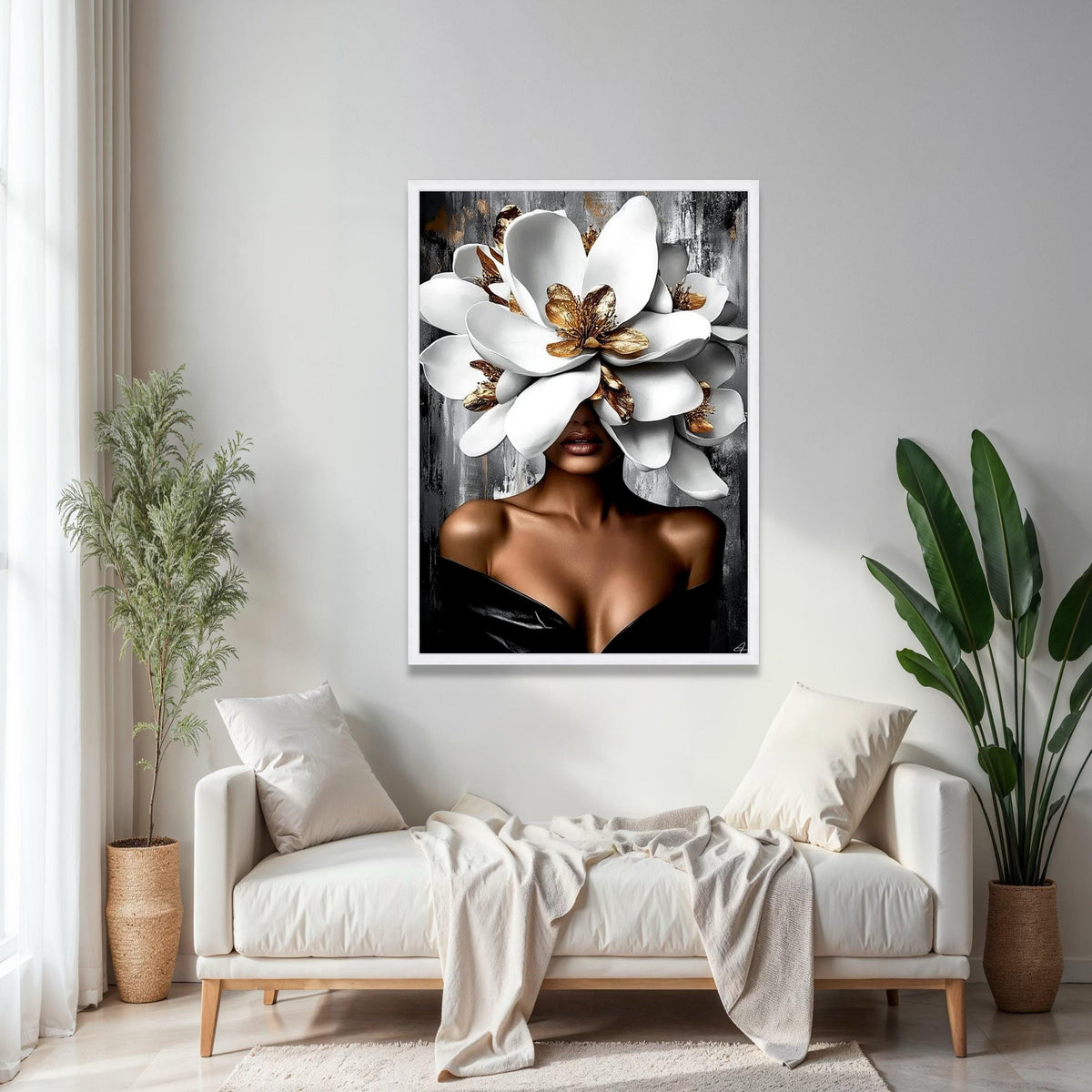 Elegant Woman with Giant White and Gold Flowers Canvas, Modern Floral Portrait Wall Art, Glamour Home Decor, Gift Art, Home Decor, Print