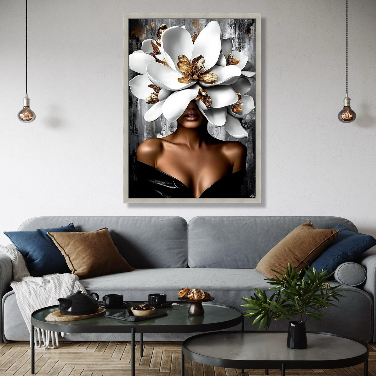 Elegant Woman with Giant White and Gold Flowers Canvas, Modern Floral Portrait Wall Art, Glamour Home Decor, Gift Art, Home Decor, Print