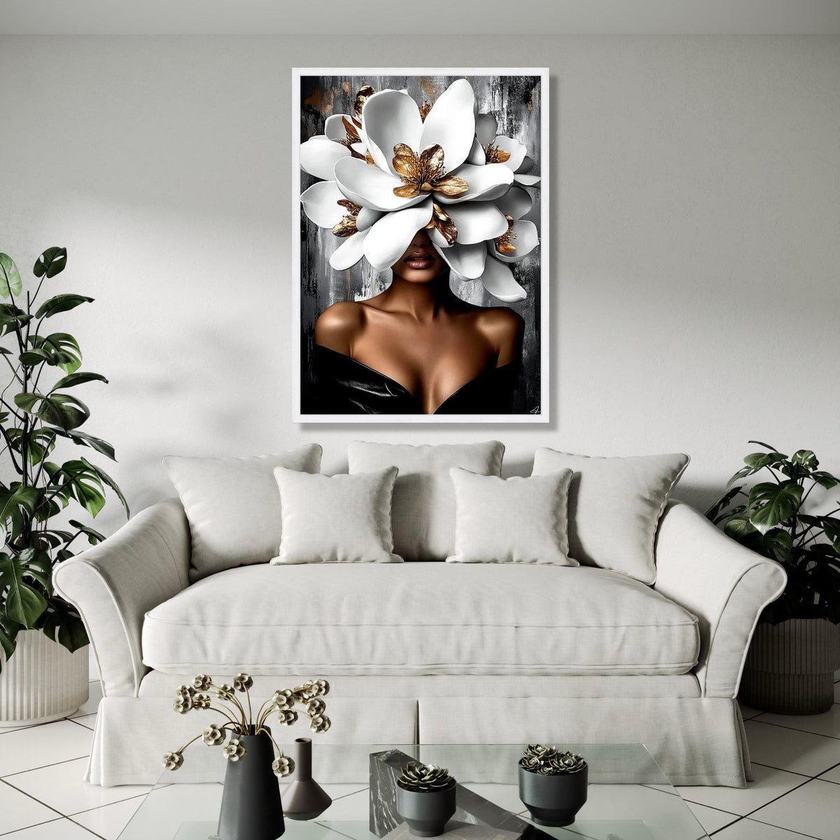 Elegant Woman with Giant White and Gold Flowers Canvas, Modern Floral Portrait Wall Art, Glamour Home Decor, Gift Art, Home Decor, Print