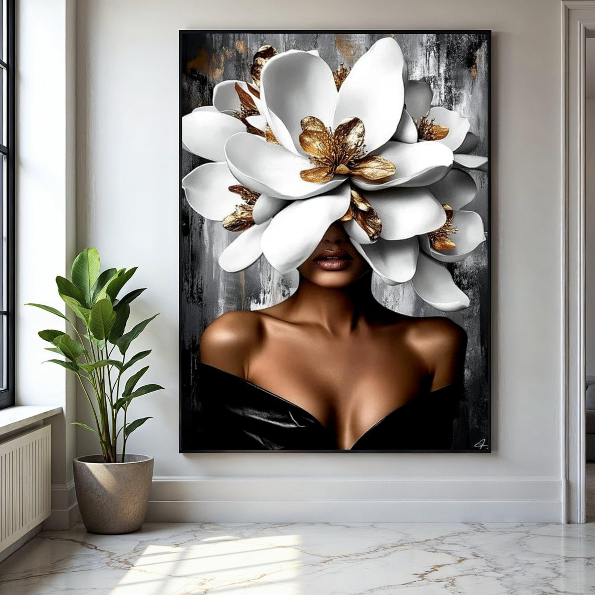 Elegant Woman with Giant White and Gold Flowers Canvas, Modern Floral Portrait Wall Art, Glamour Home Decor, Gift Art, Home Decor, Print