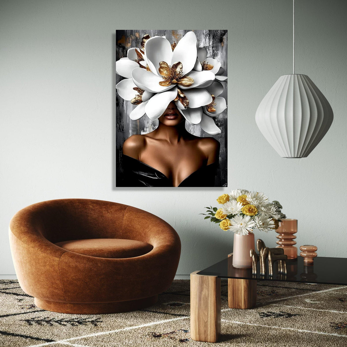 Elegant Woman with Giant White and Gold Flowers Canvas, Modern Floral Portrait Wall Art, Glamour Home Decor, Gift Art, Home Decor, Print