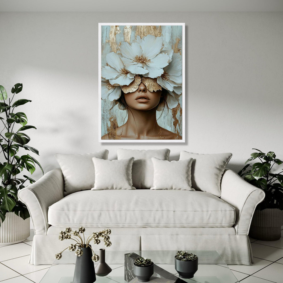 Elegant Woman with White Blossoms Canvas, Floral Face Art, Gold Accent Wall Decor, Modern Female Portrait Gift Art, Home Decor, Print