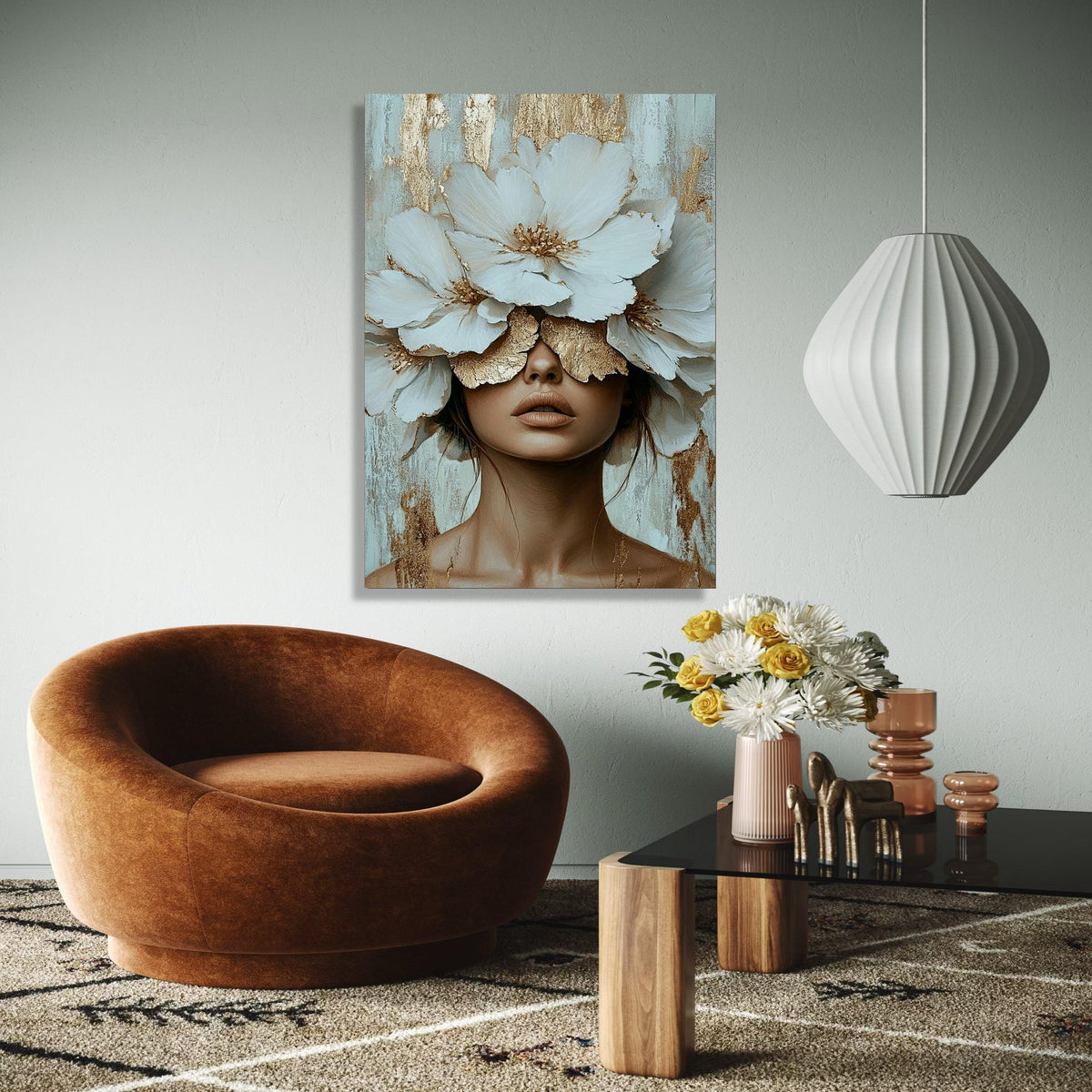 Elegant Woman with White Blossoms Canvas, Floral Face Art, Gold Accent Wall Decor, Modern Female Portrait Gift Art, Home Decor, Print