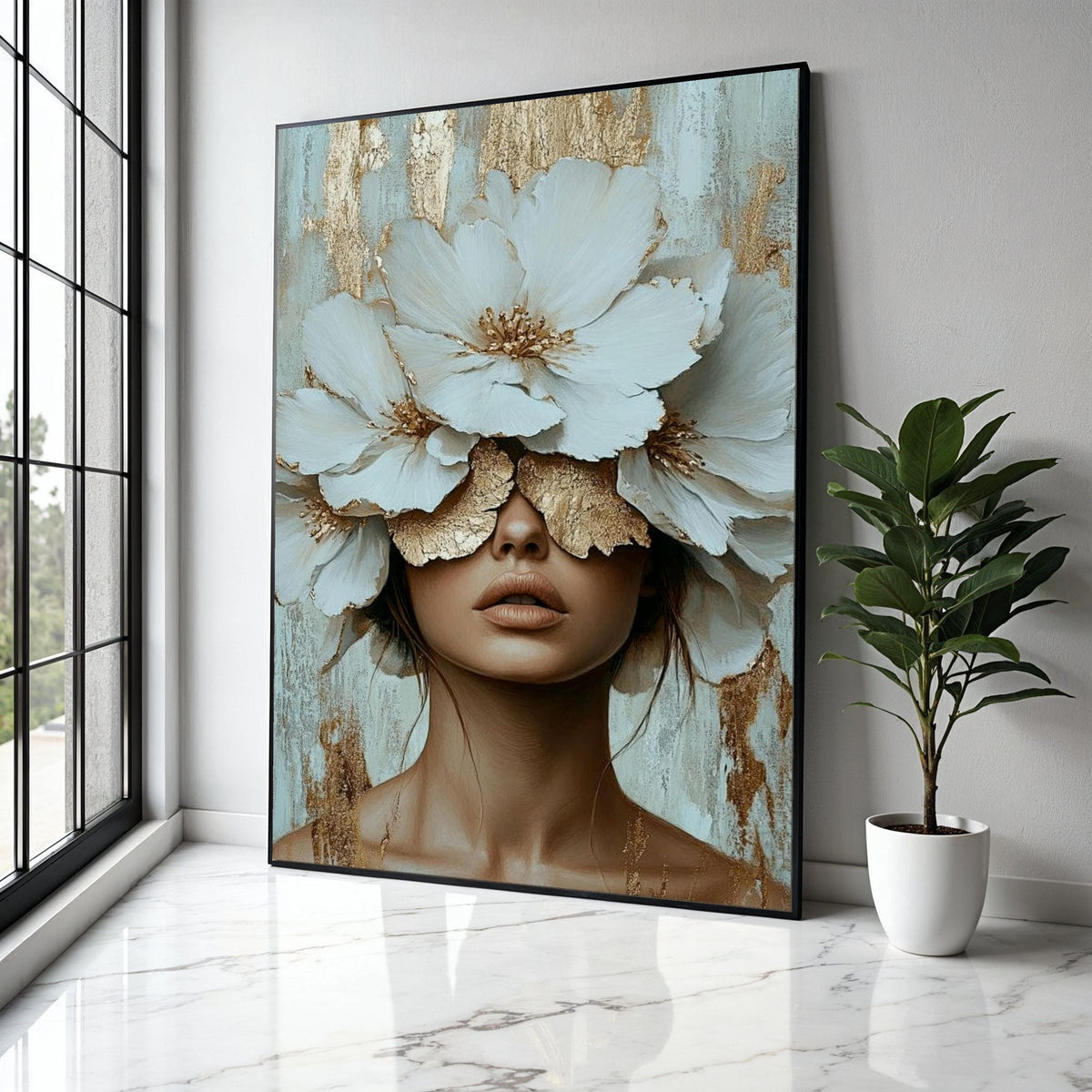 Elegant Woman with White Blossoms Canvas, Floral Face Art, Gold Accent Wall Decor, Modern Female Portrait Gift Art, Home Decor, Print