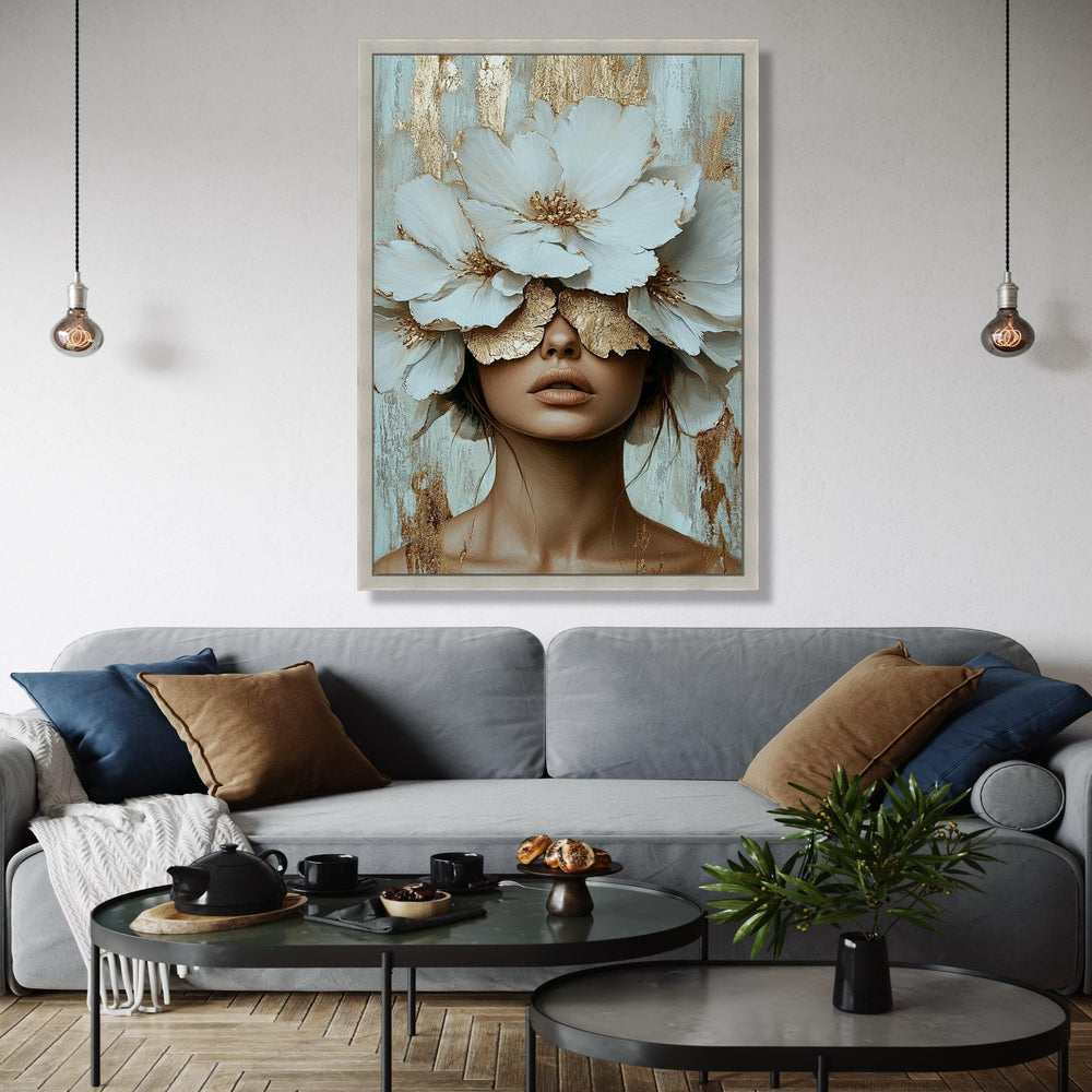 Elegant Woman with White Blossoms Canvas, Floral Face Art, Gold Accent Wall Decor, Modern Female Portrait Gift Art, Home Decor, Print