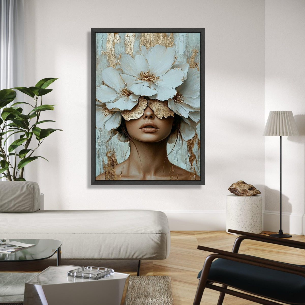 Elegant Woman with White Blossoms Canvas, Floral Face Art, Gold Accent Wall Decor, Modern Female Portrait Gift Art, Home Decor, Print