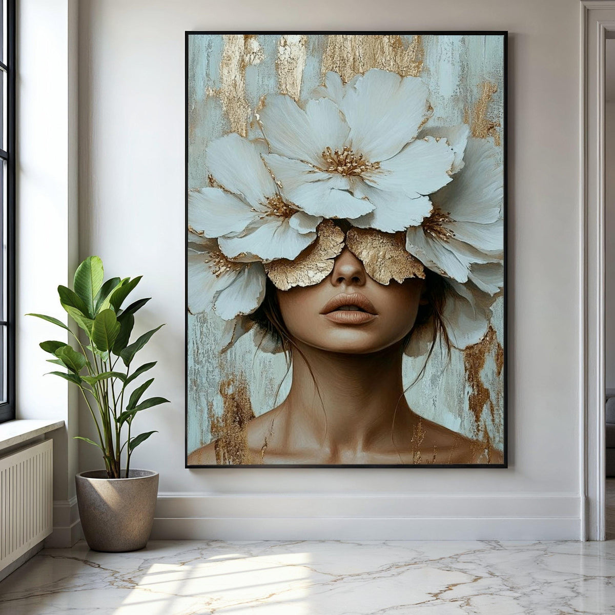 Elegant Woman with White Blossoms Canvas, Floral Face Art, Gold Accent Wall Decor, Modern Female Portrait Gift Art, Home Decor, Print