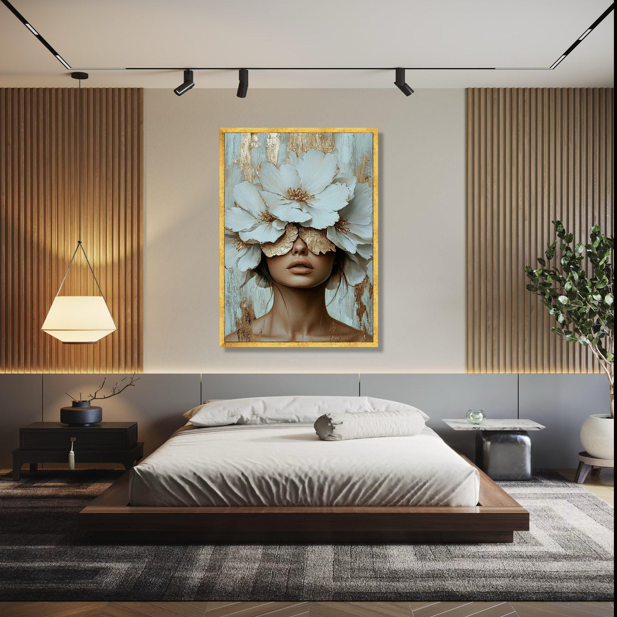Elegant Woman with White Blossoms Canvas, Floral Face Art, Gold Accent Wall Decor, Modern Female Portrait Gift Art, Home Decor, Print