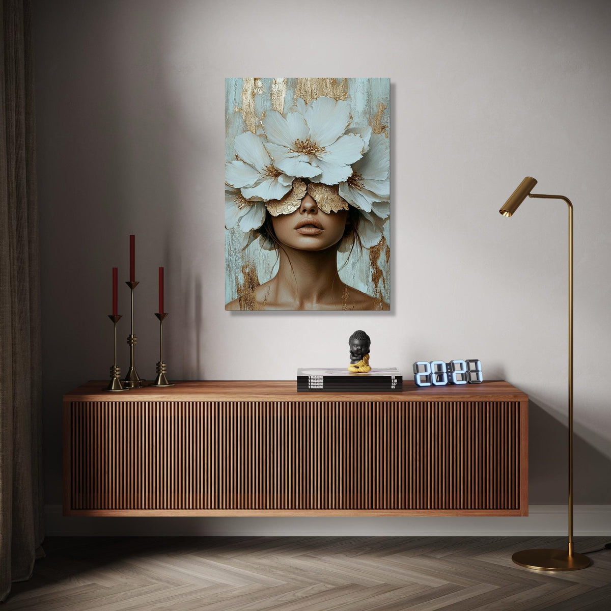 Elegant Woman with White Blossoms Canvas, Floral Face Art, Gold Accent Wall Decor, Modern Female Portrait Gift Art, Home Decor, Print