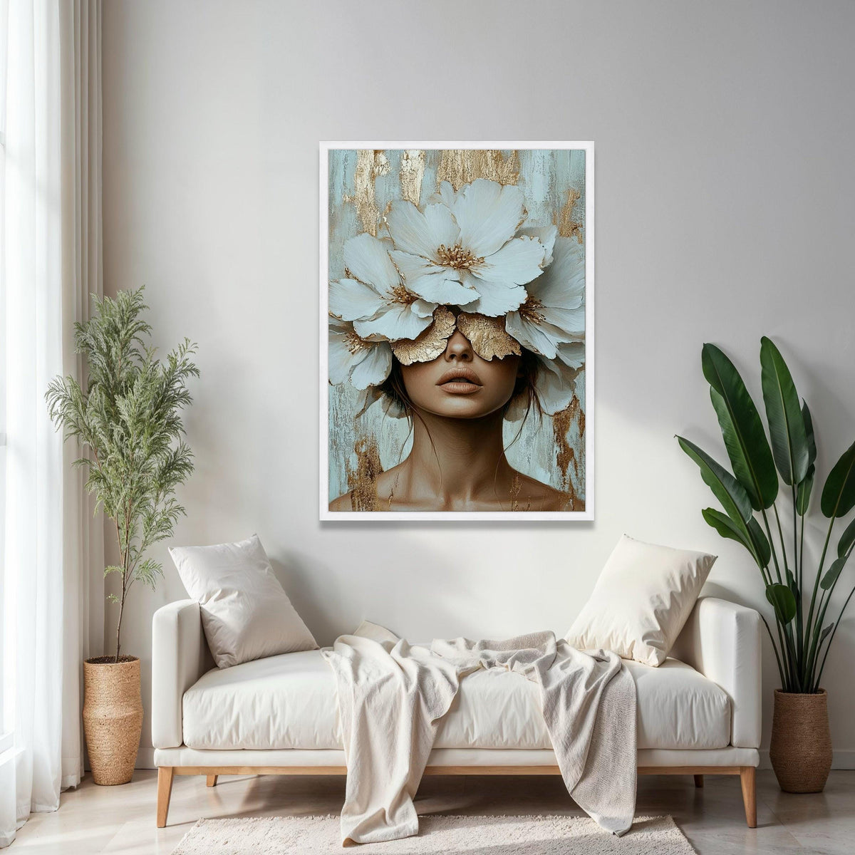 Elegant Woman with White Blossoms Canvas, Floral Face Art, Gold Accent Wall Decor, Modern Female Portrait Gift Art, Home Decor, Print