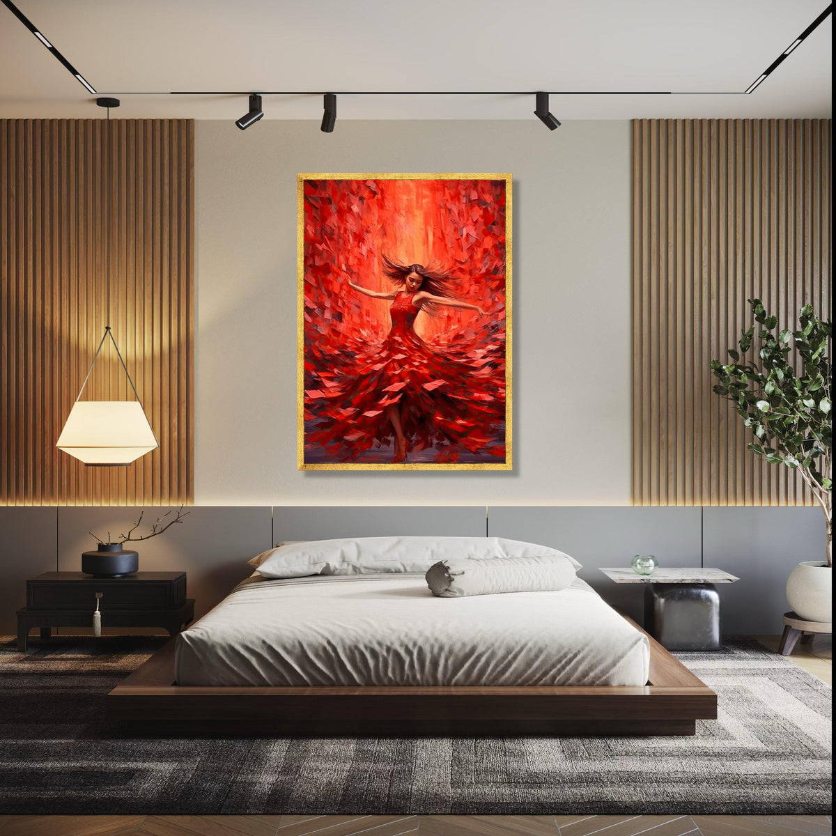Vibrant Red Dress Dancing Woman Canvas, Flamenco Style Wall Art, Abstract Movement Painting, Dynamic Home Decor, Gift Art, Home Decor, Print